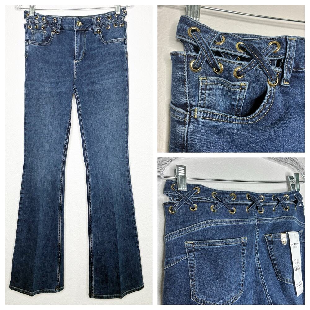 Liu Jo Bottom Up Beat Grommeted Criss Cross Waistband Flare Jeans 28 NWT
